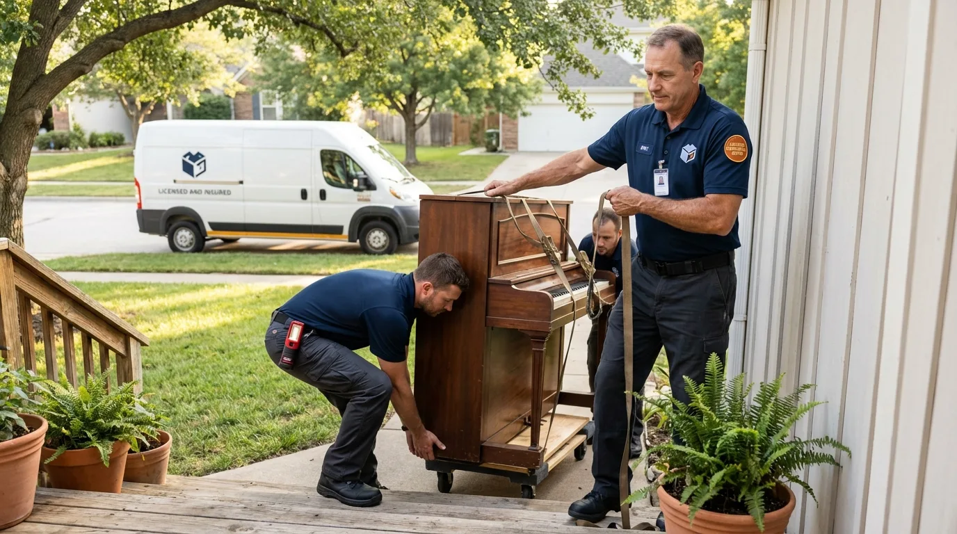 Licensed piano movers securing grand piano in Mamou, LA