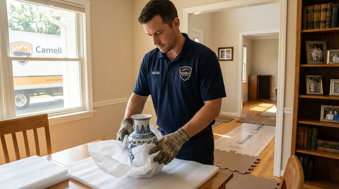 Professional crew carefully wrapping antique vase for senior downsizing move in Mamou, LA