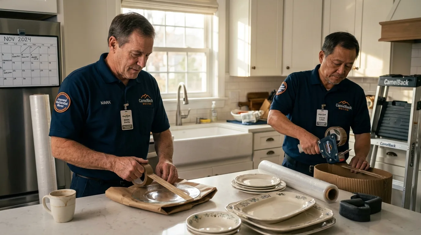 Professional crew packing kitchen dishware in Mamou, LA